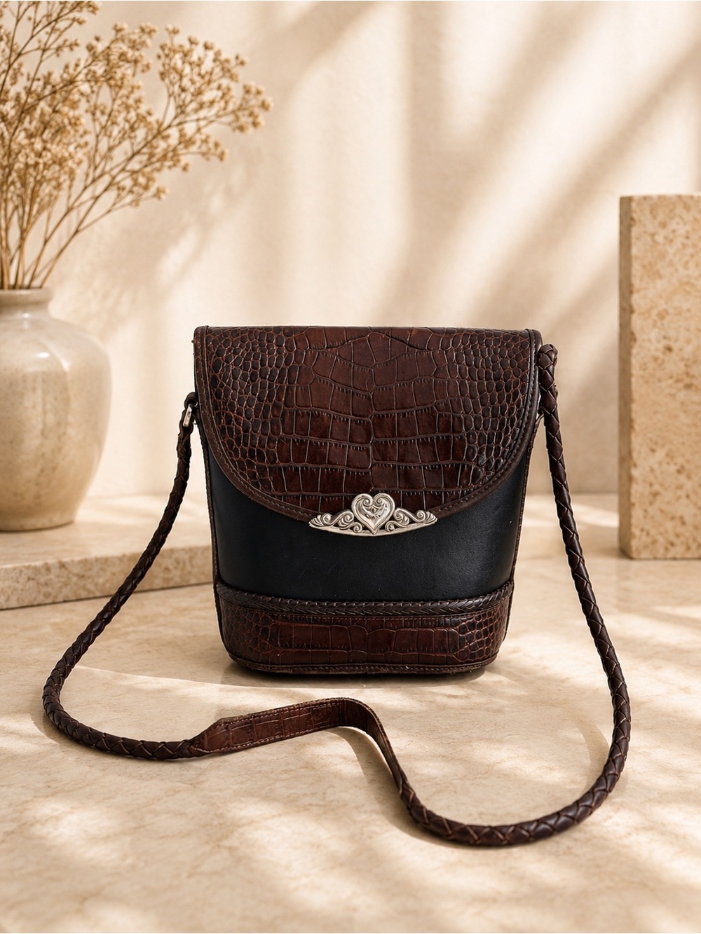 Brighton Brown Black Croc Embossed Leather Crossbody Shoulder Bag Braided Strap